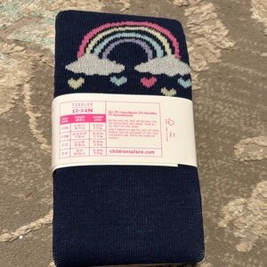 The Children's Place 2pk Thick Knit Tights. Navy with Rainbow/Hearts and Stripes